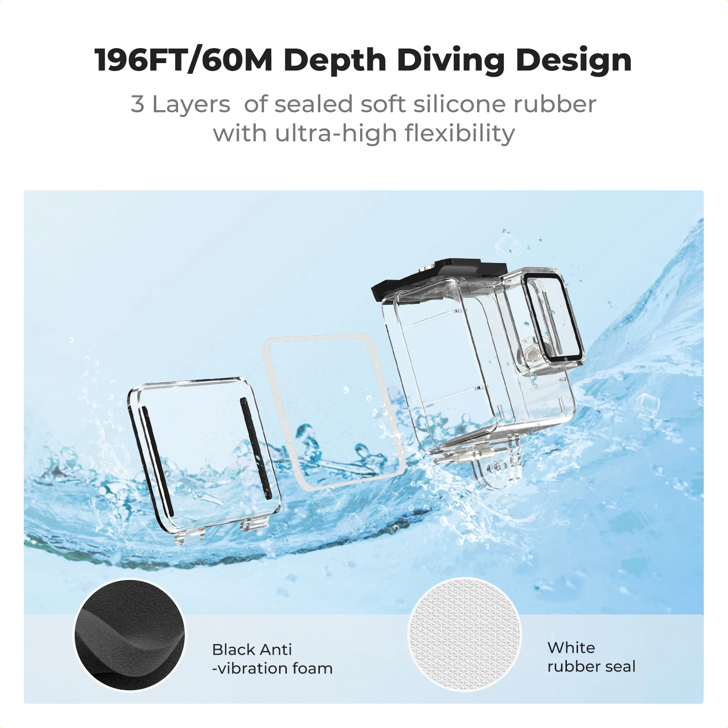 حافظة مقاومة للماء K&F Concept 60M/196FT لهاتف GoPro Hero 13 غطاء حماية أسود للغوص تحت الماء لهاتف Go Pro 12/11/10/9 أسود