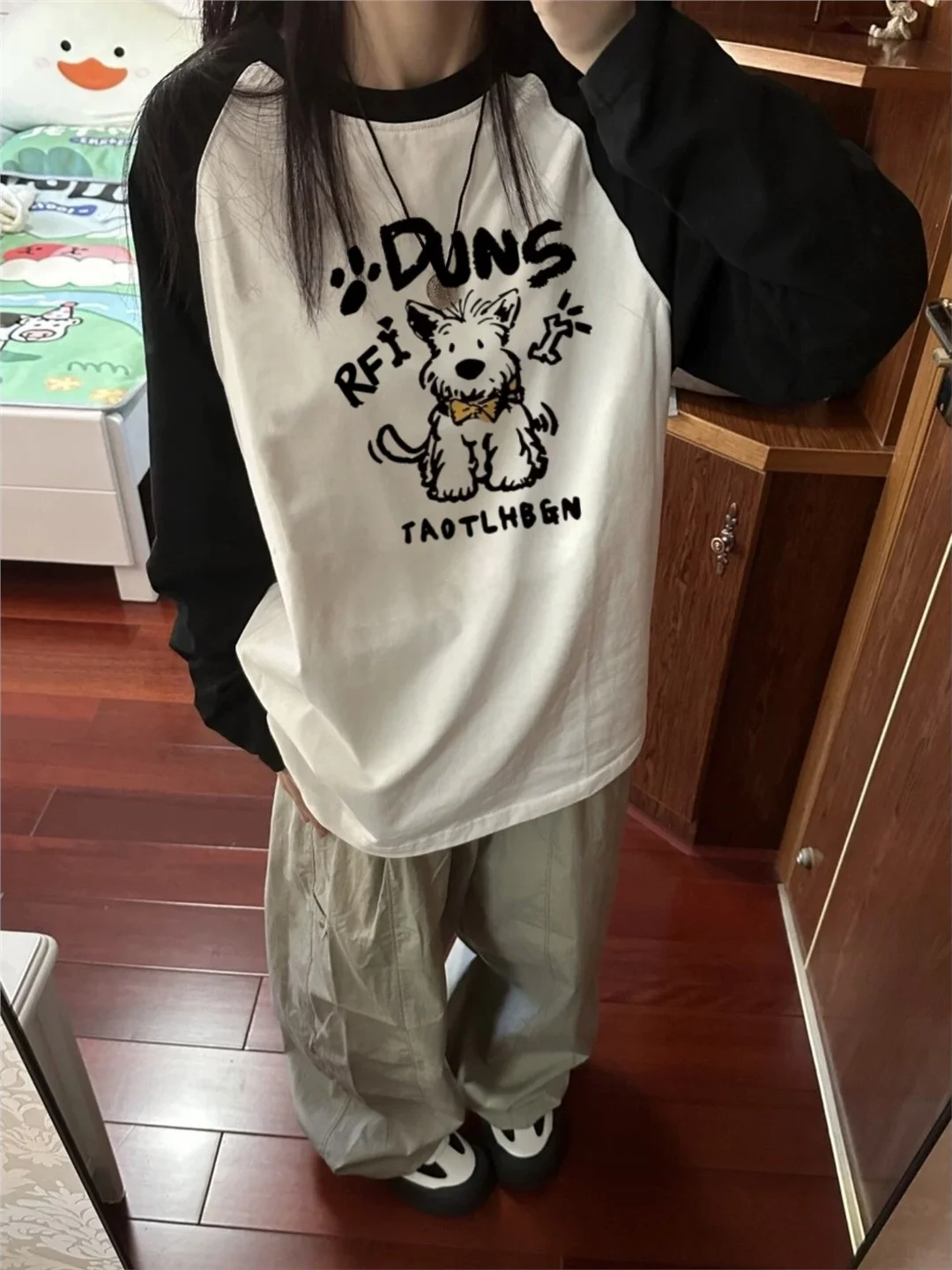 تي شيرت Retro American Kit Color Blo Long Sve من القطن الخالص للفتيات في المدرسة المتوسطة لربيع الخريف فضفاض ومريح...