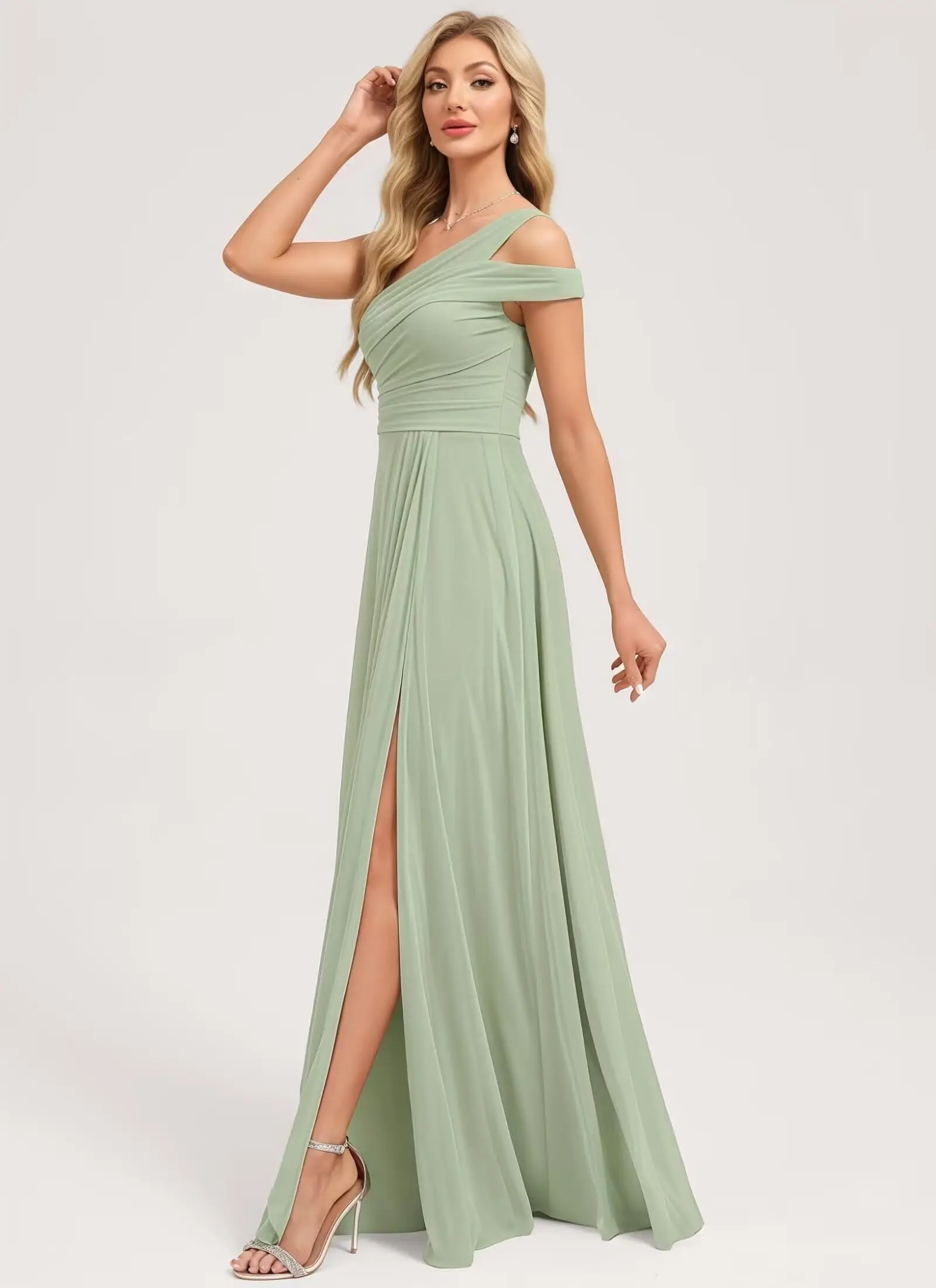 Abiti da damigella d'onore a pieghe monospalla da donna lunghi con abito formale in chiffon senza maniche con spacco a volant Abiti da damigella d'onore