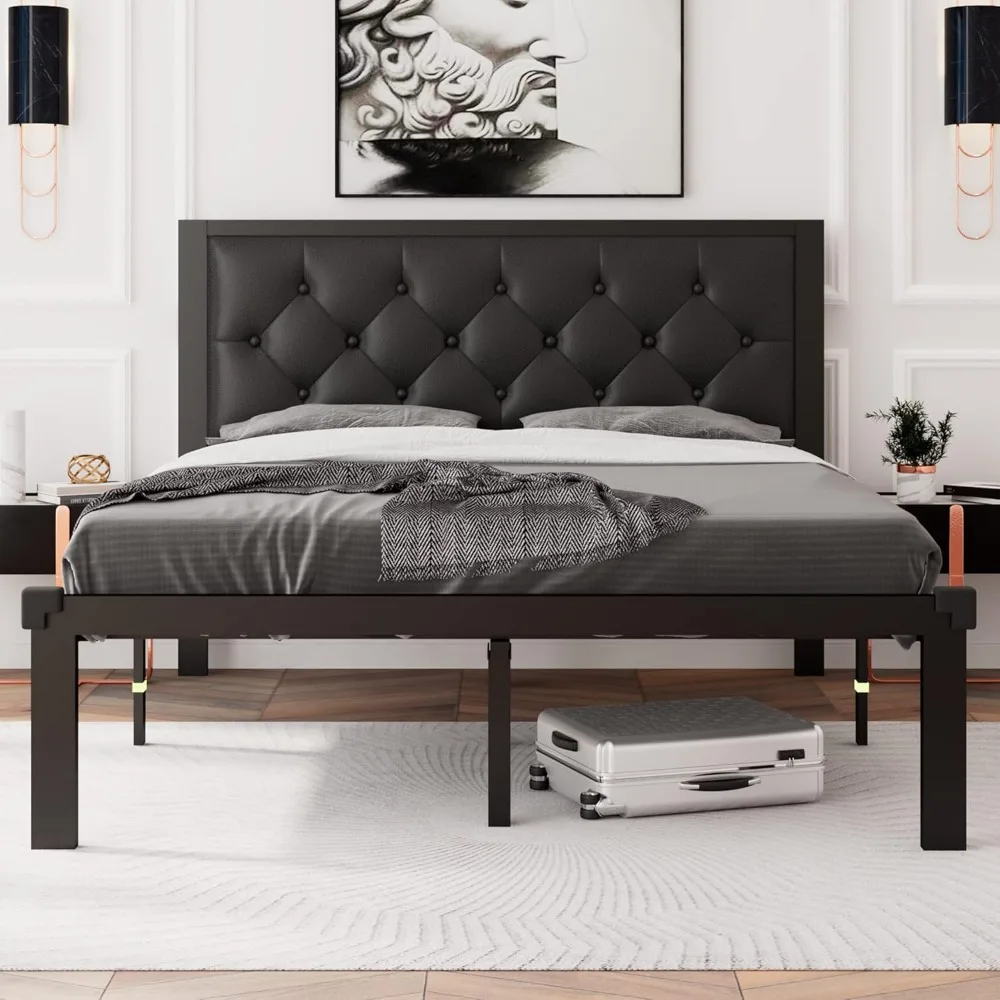 Full Size Metal Bed Frame with Faux Leather Button Tufted Headboard, Heavy-Duty Platform Bed Frame with 12