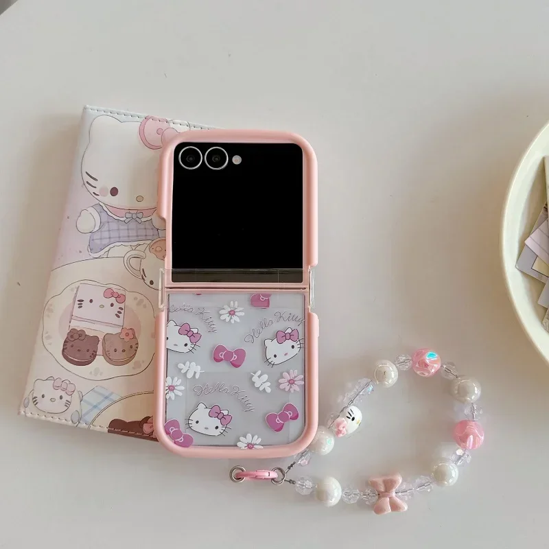 Cute Transparent Pink Flower Hello Kitty Phone Case for Samsung Galaxy Z Flip7 6 5 4 3 Shockproof with Lanyard view 4