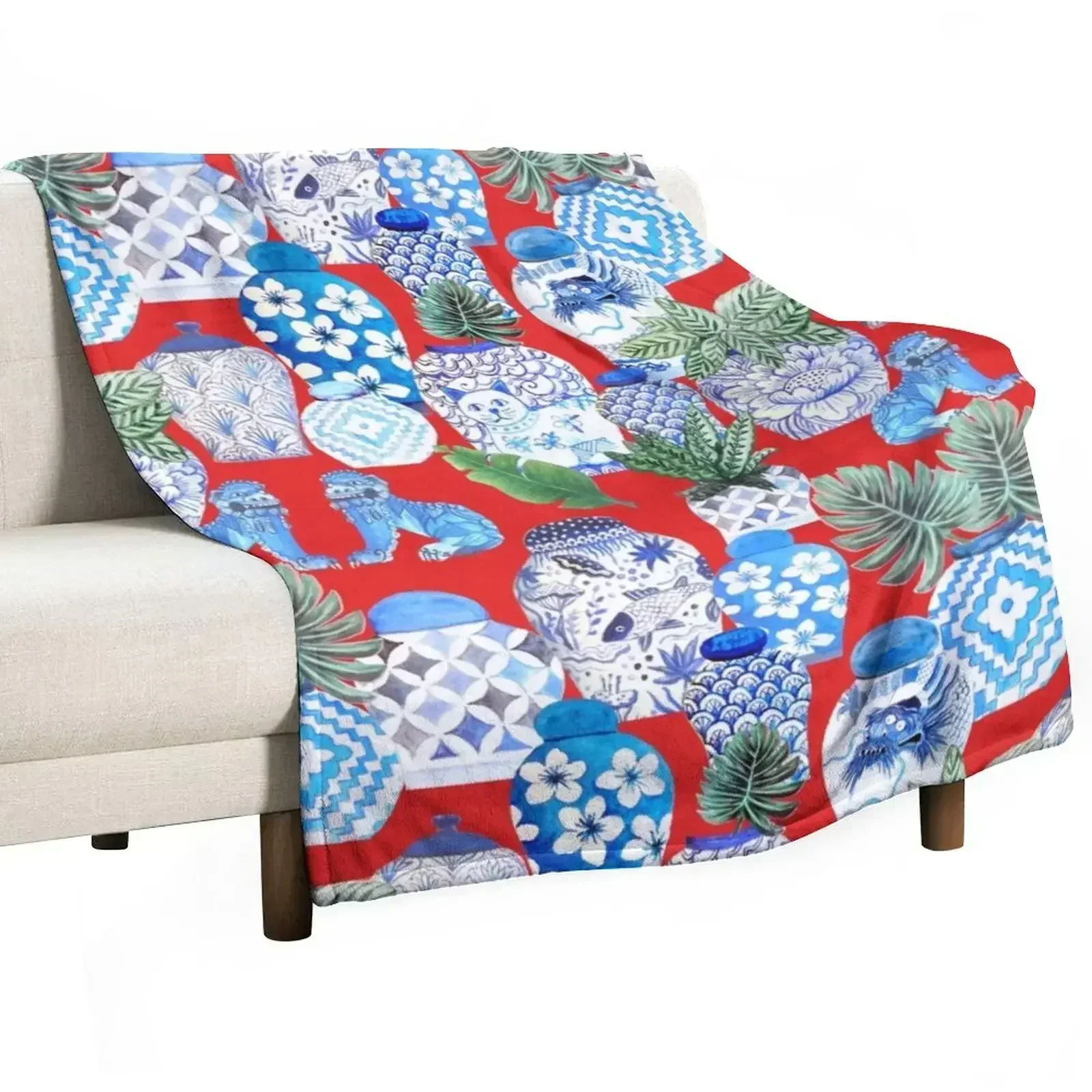 ginger jars in blue and white porcelainand foo dogs on red with palms Throw Blanket Single Soft Soft Plaid Travel Blankets