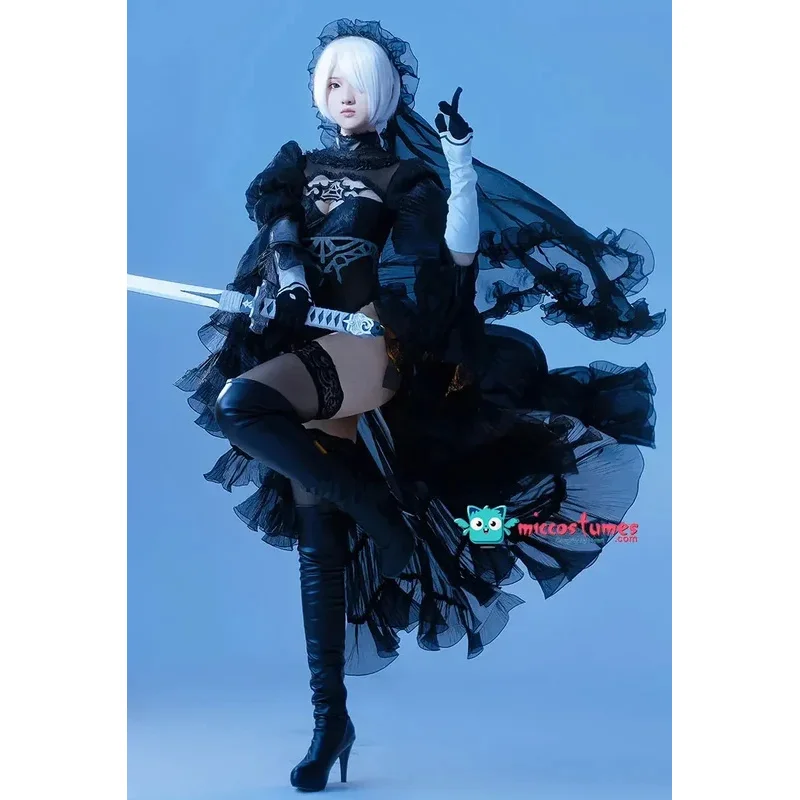 Miccostumes 2B White Black Costume with Veil Gloves for Women Wedding Dress Bride Cosplay