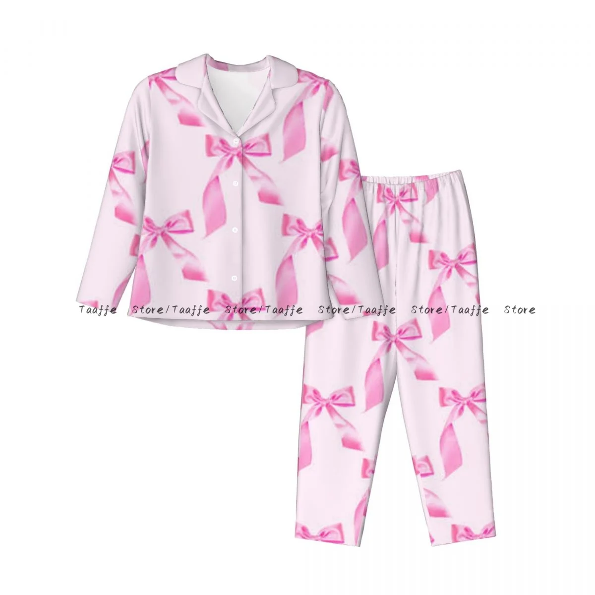 Women's Pajamas Long-sleeved Girl Loungewear Two-piece Set Pink Tied Bow Pattern Pajamas for Autumn Spring