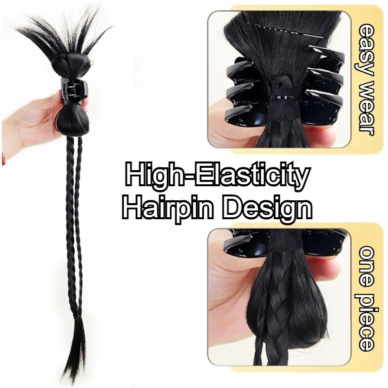Messy Bun Hair Piece Claw Clip Braided Y2k Hair Buns Extensions Ponytail Claw Clip Long Braid Wig Ponytail Hair Pieces for Women