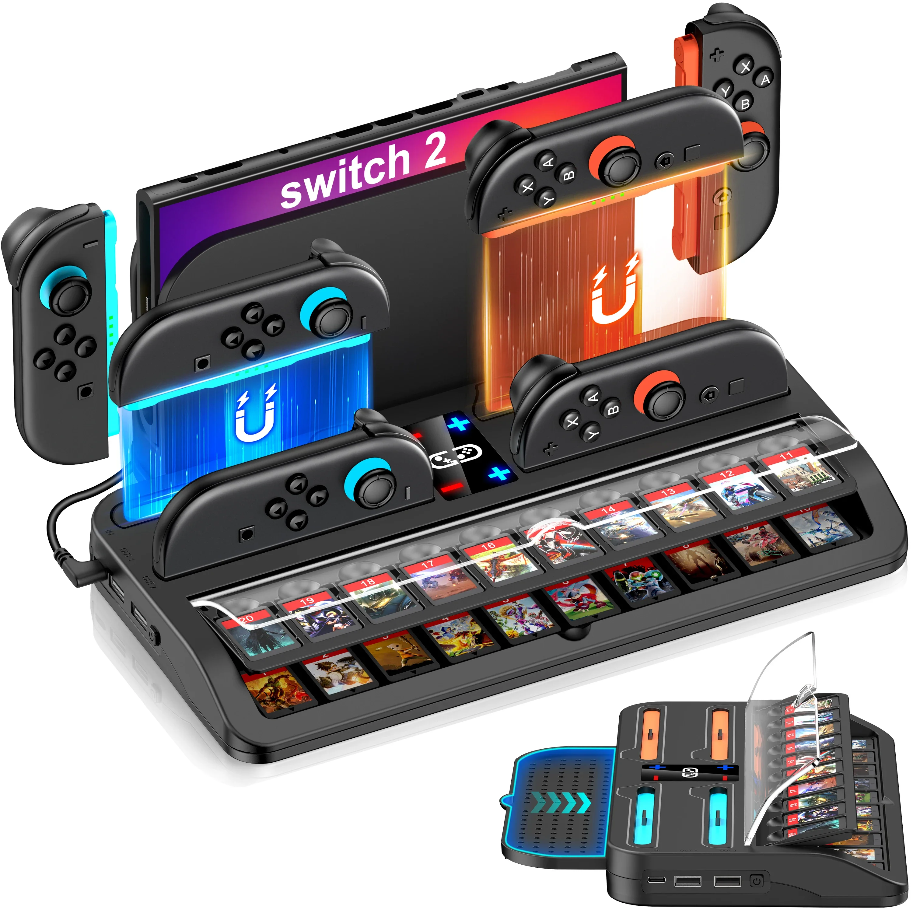 

DinoFire SC200/SC300 Charging Dock Storage Base for Switch 2 Controllers with 20 Game Card Slots storage host