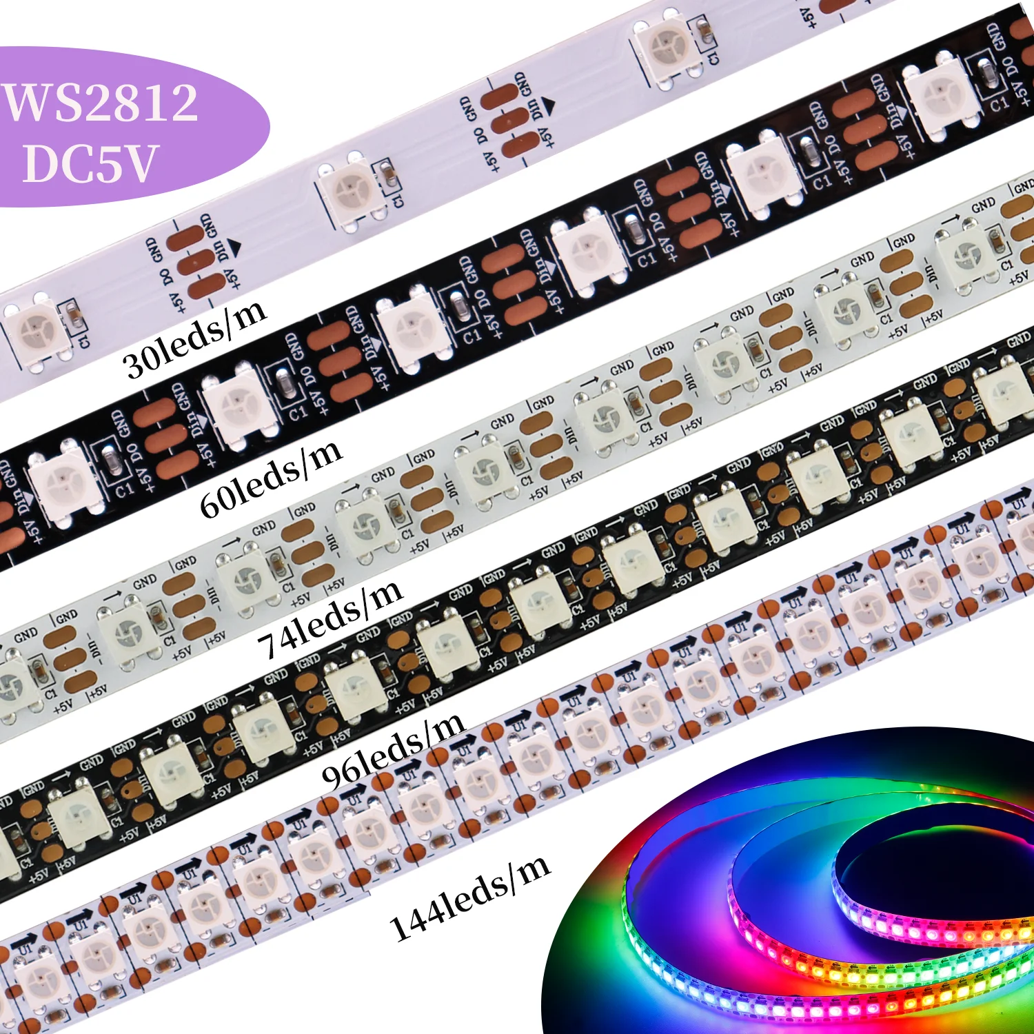 

WS2812 SMD5050 Individually Addressable strip light 30 60 74 96 144 LEDS/M WS2812B Full color Programmable Pixels LED Lights 5V