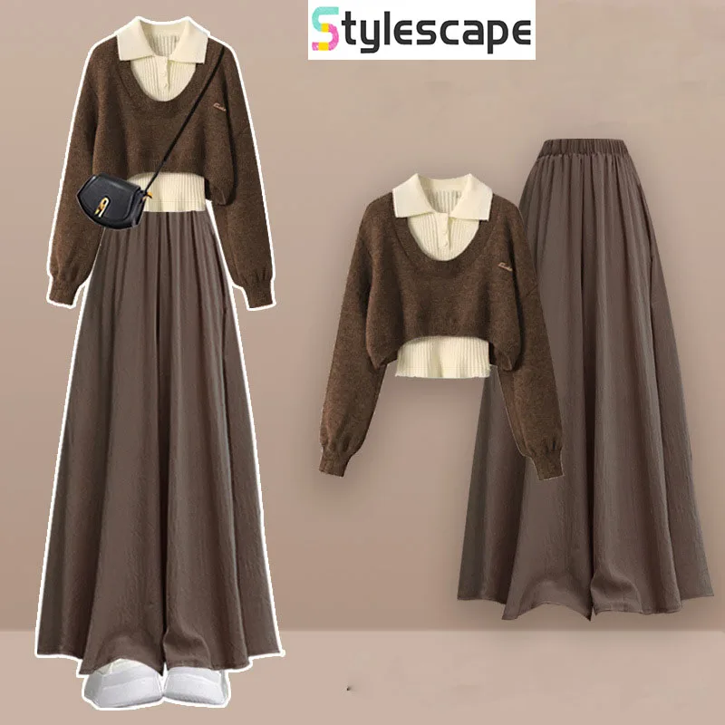 

Autumn Set 2025 New Mirad Worn Design Knit Sweater Base Sweater Paired with Slimming Skirt Pants Three Piece Set Pant Sets