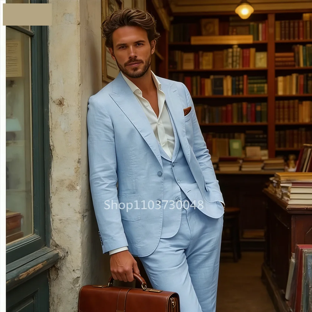 

Men's Slim Fit Linen Wedding Tuxedo Jacket Lapel Smalking Casual Wedding Blazer And Pants Summer 3-Piece Suit for Weddings