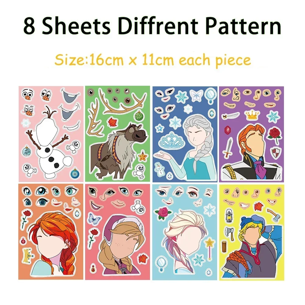 8/16Sheets Children DIY Puzzle Sticker Disney Snow White Princess Face Funny Cartoon Assemble Stickers Kids Toys Boys Girl Gifts