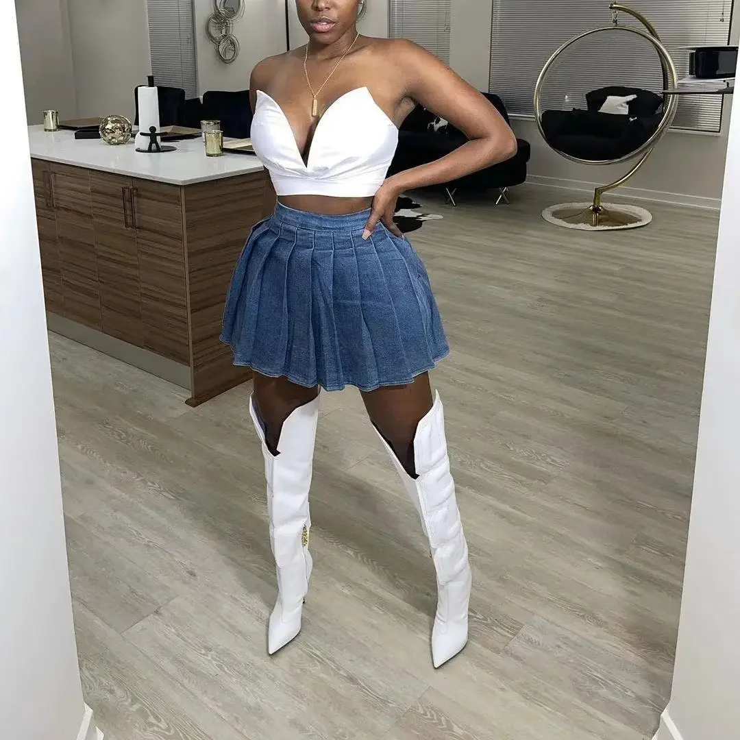 

Indie Style Sexy Fashion A Line Denim Skirt Summer 2023 Plus Size Women Bottoms Y2k Pleated Skirt Festival Rave Club Mini Skirts