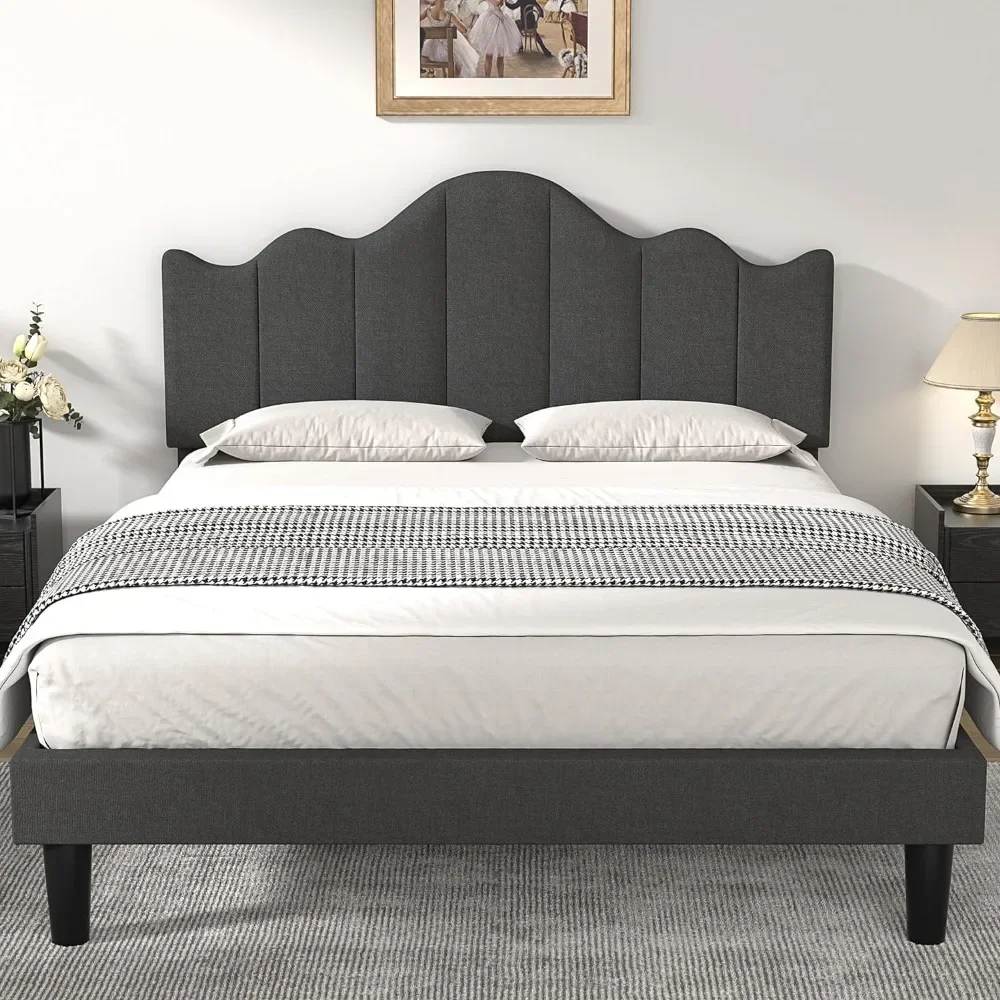 Full Size Bed Frame with Adjustable Headboard, Wood Slat Support and Noise-Free Bed