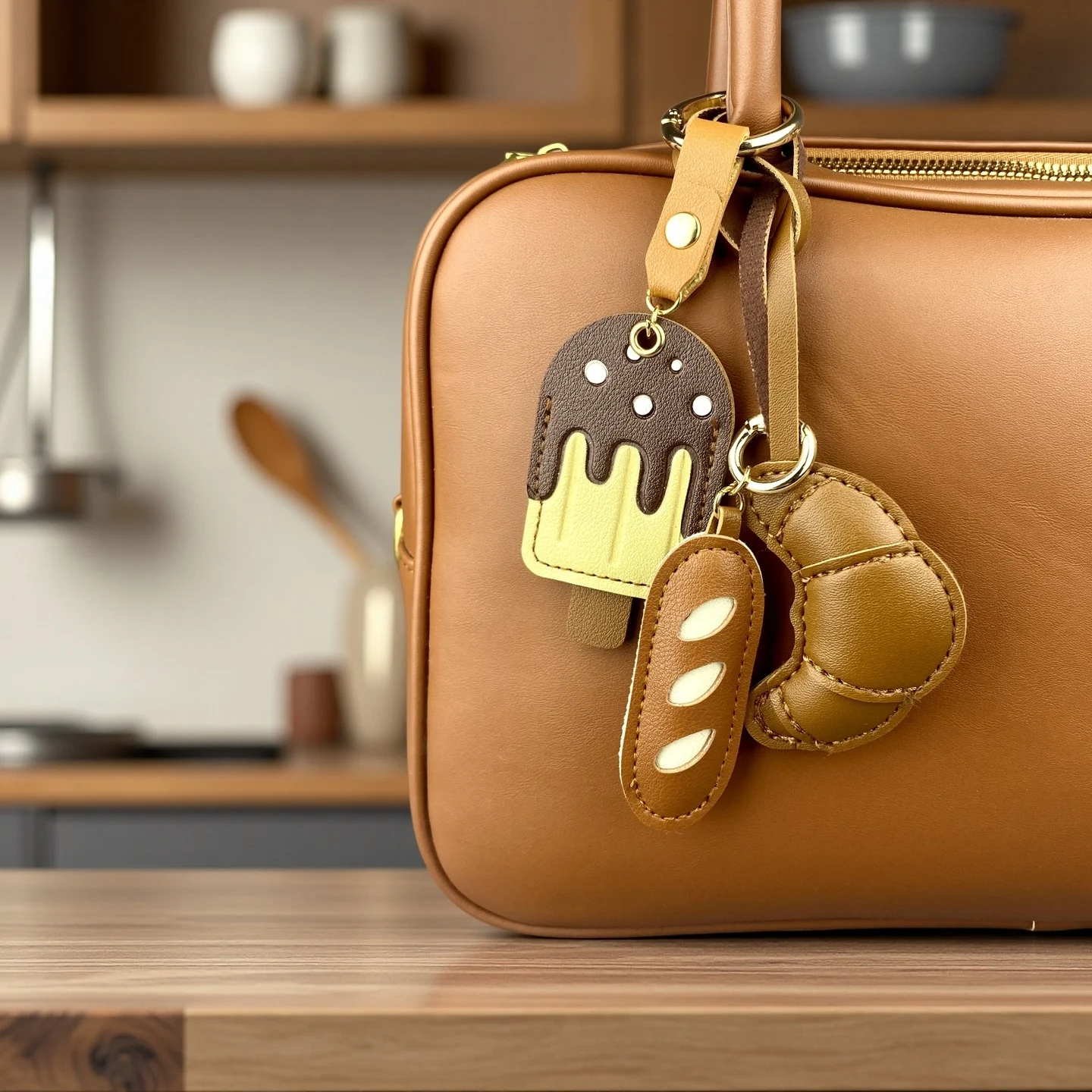 Cute Food Shaped PU Leather Keychain Set-7Pcs Mini Coffee Cup, Pizza, Donut, Ice Cream Bar, Croissant, Pretzel & Cartoon Cookie