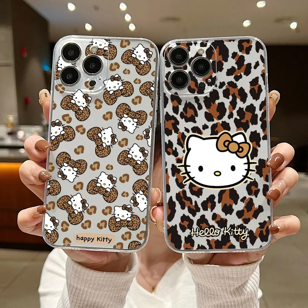 Fashion Leopard Print Hello Kitty Phone Case For iPhone 15 14 13 12 11 Mini Pro Max X XR XSMax 7 8 Plus SE20 Transparent Cover