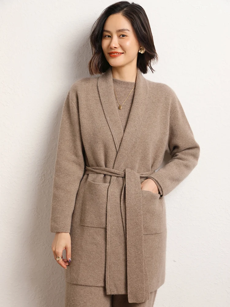 Neue Frauen 100% Kaschmir Pullover Außentasche Taille Gürtel Schwere Kaschmir Strickjacke Herbst Winter Dicke Büro Dame Chic Tops