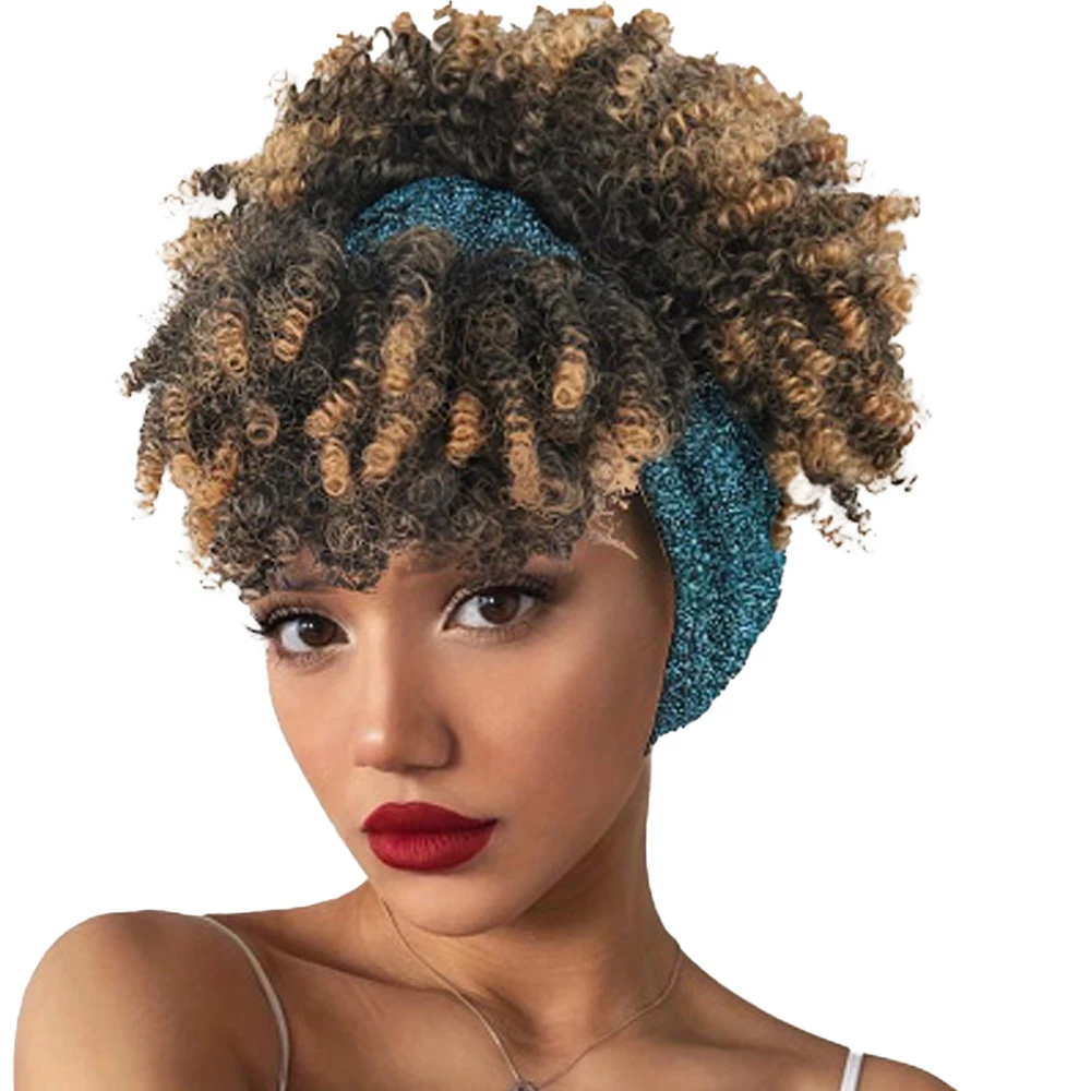 

Headband Wig For Black Women Afro Kinky Curly Short Natural Black Fluffy Glueless Heat Resistant Synthetic Daily Wear Turban Wig