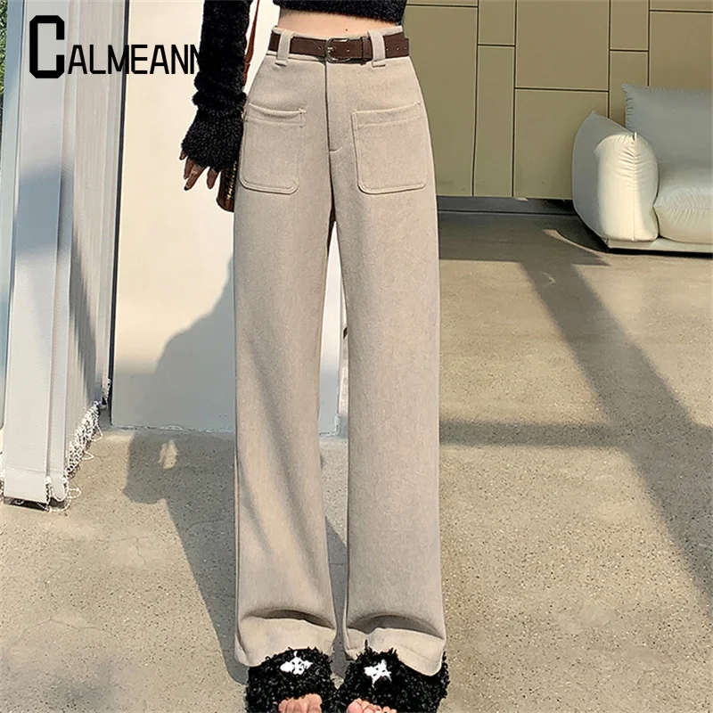 Simple 2024 Autumn Winter Thick Warm Woolen Wide Leg Pants Women's Solid Zipper Button Pocket High Waist Straight Trousers