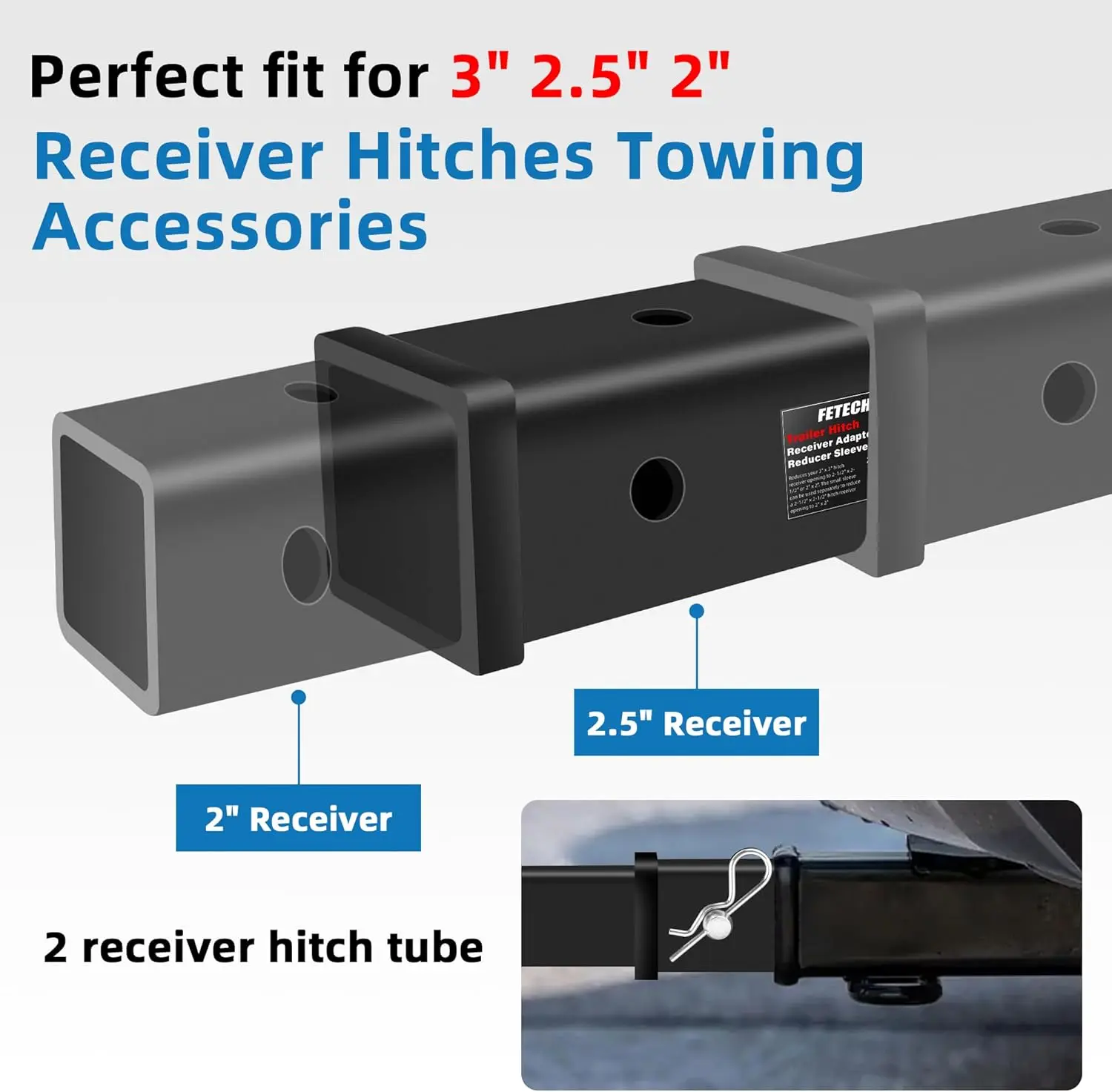 Fetechmate 3' to 2' & 2-1/2' Trailer Hitch Extender Adapter Set, Carbon Steel with Pin & Clip