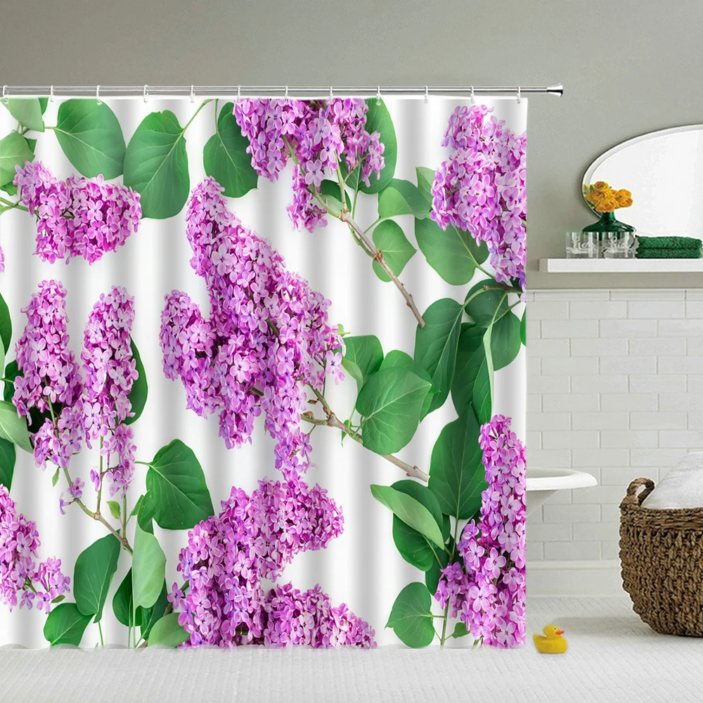 

Hydrangea Shower Curtain Purple Watercolor Floral Plant Vintage Beautiful Waterproof Fabric Bath Curtains Bathroom with Hooks