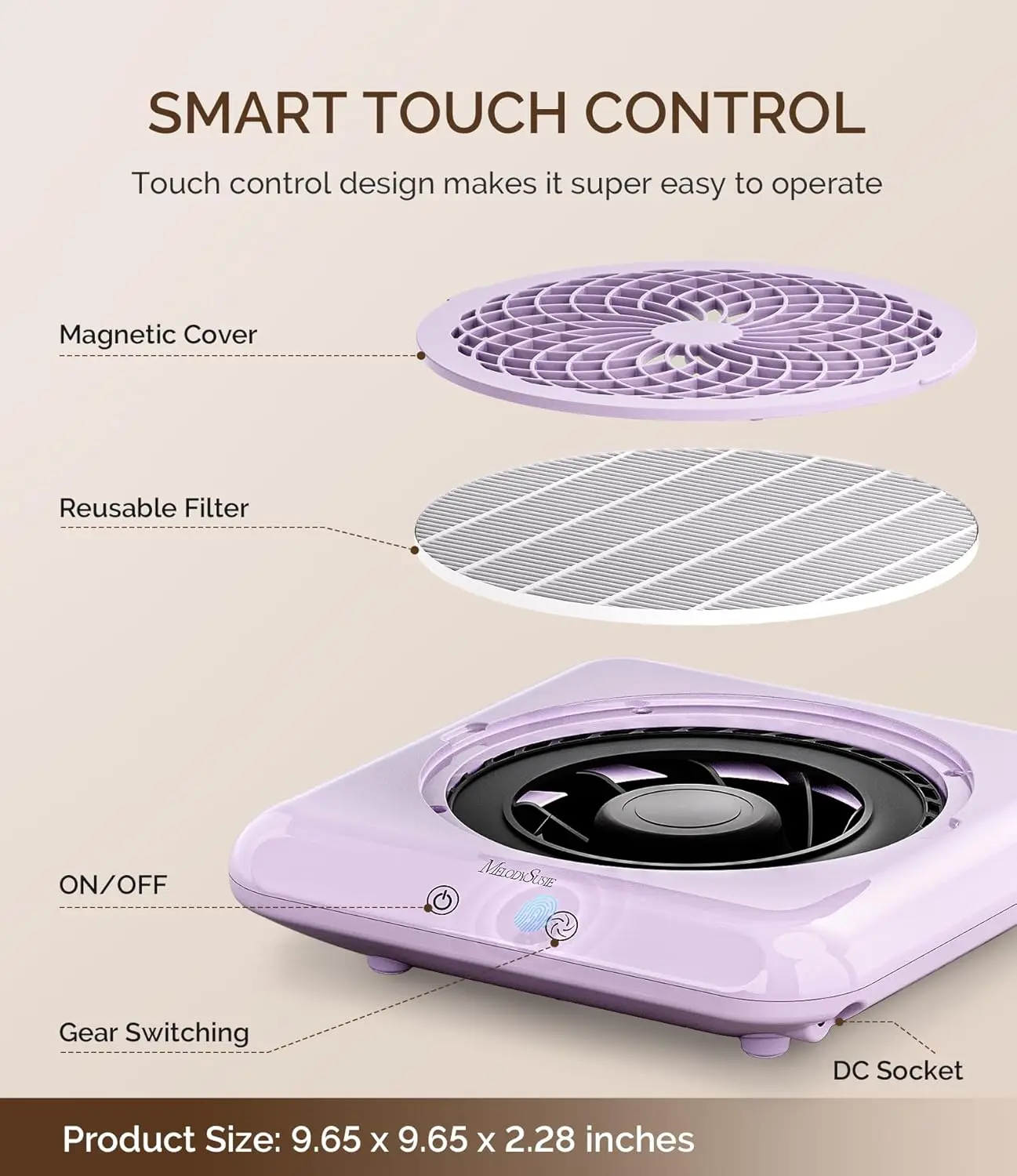 Professional Nail Dust Collector with Max Suction Power, 4500RPM Vacuum Fan, 3 Modes & Touch Control for Salon Use in Purple