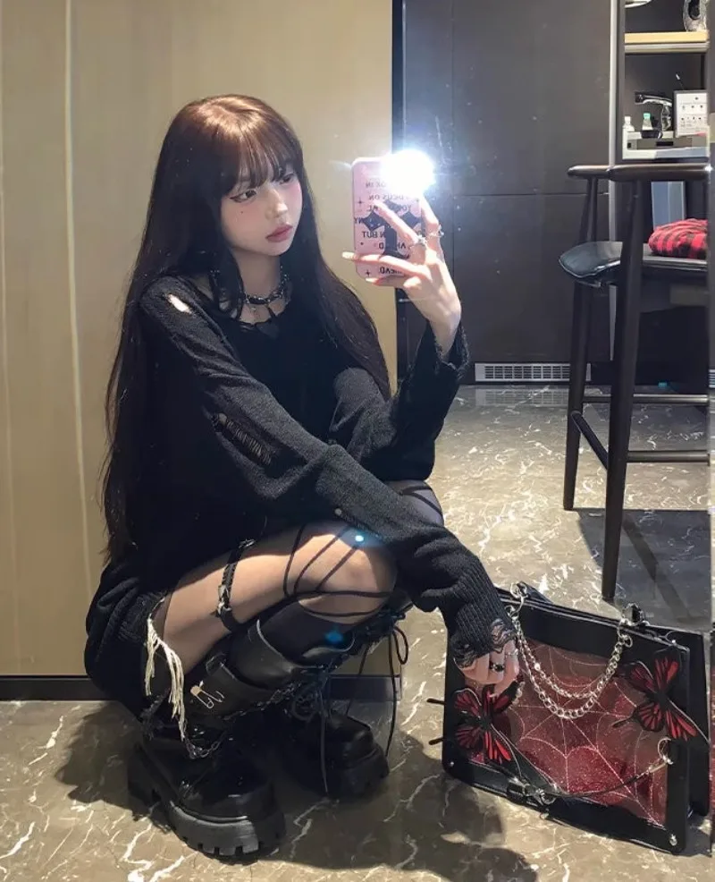 2025 New Japanese Summer Subculture Punk Dark Goth Y2k Hot Hollow Hole Loose Lazy Blouse Top For Women