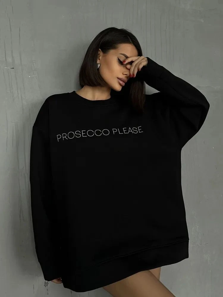 سترة كاجوال فضفاضة مستديرة Ne Long Sve مطبوعة بأحرف Faionable جديدة مريحة ملابس الشارع الشهير للسيدات