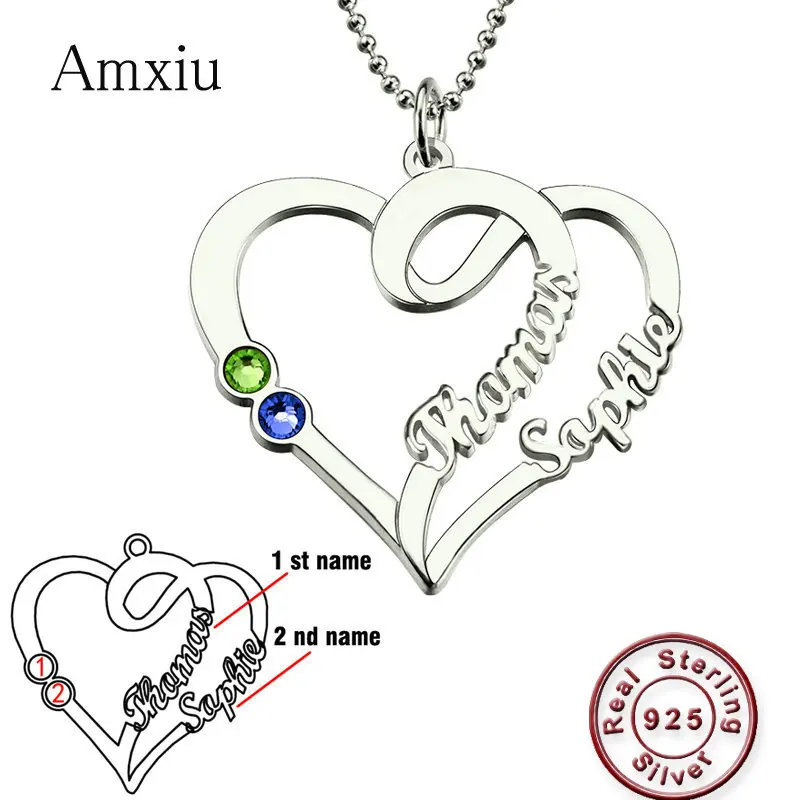 

Amxiu Personalized 925 Sterling Silver Necklace Custom Name Pendant Necklace with Birthstone Heart Jewelry For Women Unique Gift