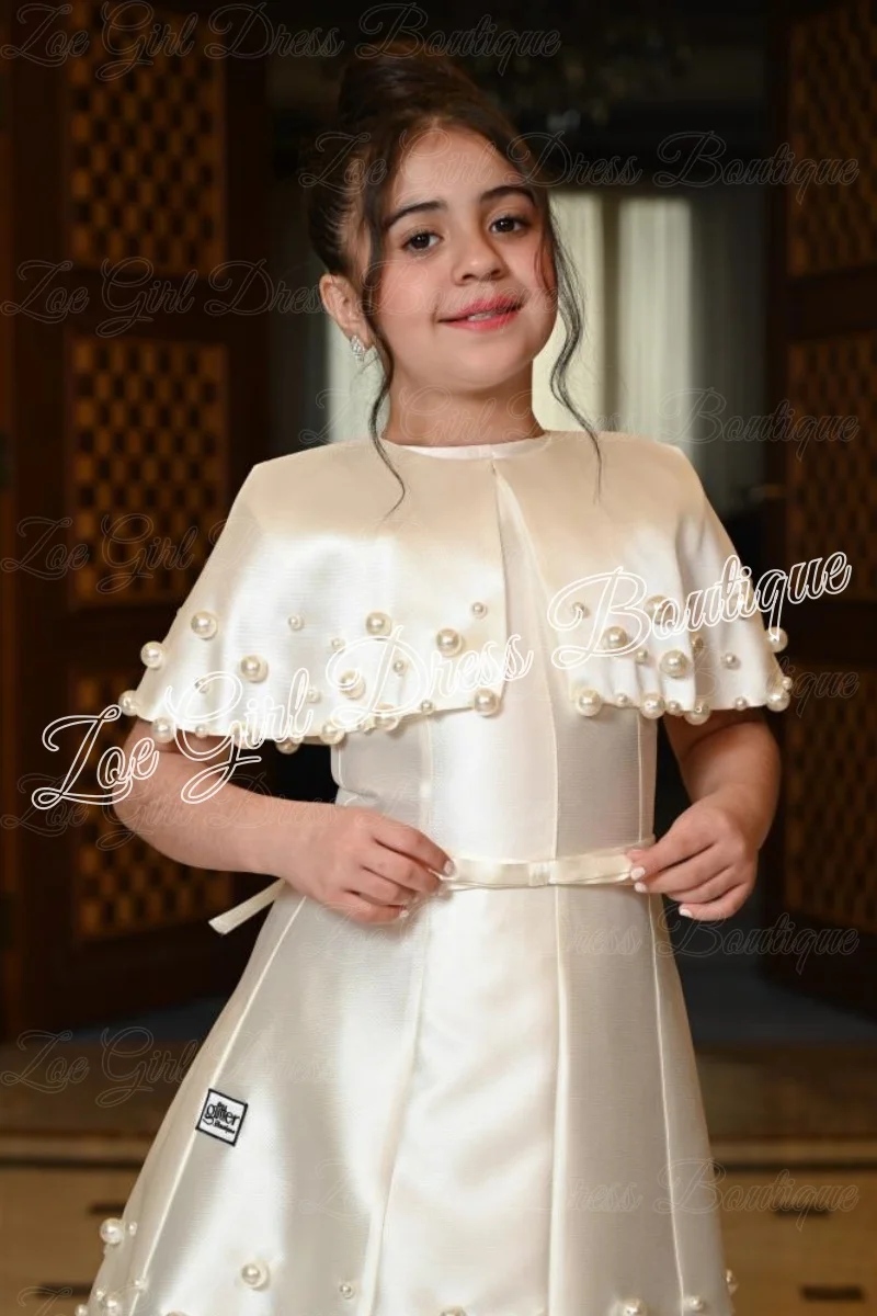 Satin Flower Girl Dresses for Wedding Pearls Knee Length Lovely Baby Girl Birthday Ball Gowns First Communion Gowns Customized