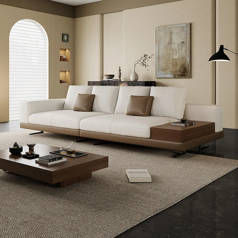 Italian sofa cotton and linen simple living room large flat layer retro straight row leather sofa
