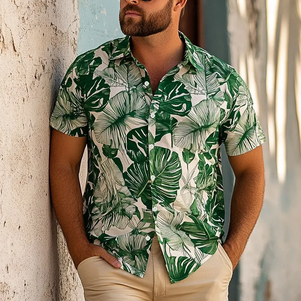 

Men's Tropical Leaf Print Lapel Shirt Short Sleeve Button Down Casual Tops for Summer Beach Street Wear Lightweight Men Clothing