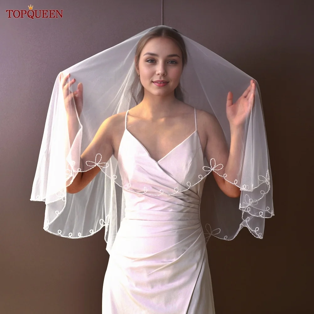 TOPQUEEN New Design Handmade Beaded Flower Trim Veil Short Fingertip Length Bridal Wedding Accessories Soft Tulle V261