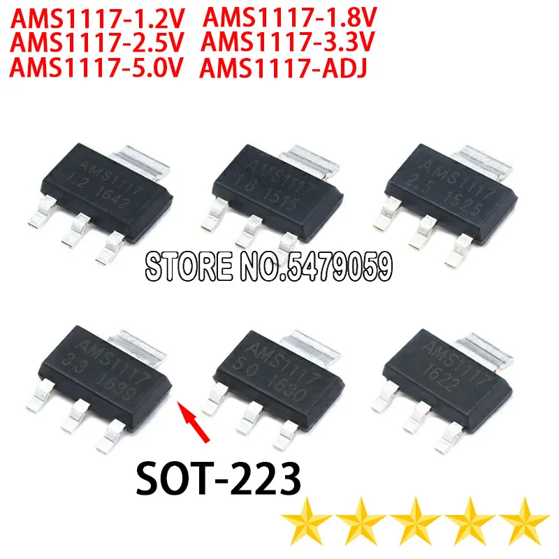 70PCS AMS1117 Voltage Regulator Kit 1.2V/1.5V/1.8V/2.5V/3.3V/5.0V/ADJ SOT-223 1117 7values Each 10PCS