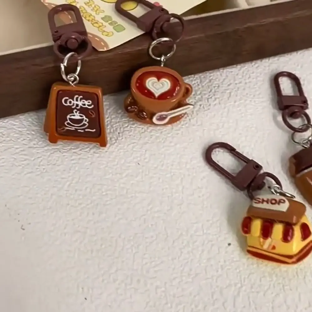 Unique Cream Colors Coffee Shop Keychain Ball Chain Acrylic Cartoon Pendant Key Ring Bag Charms Children