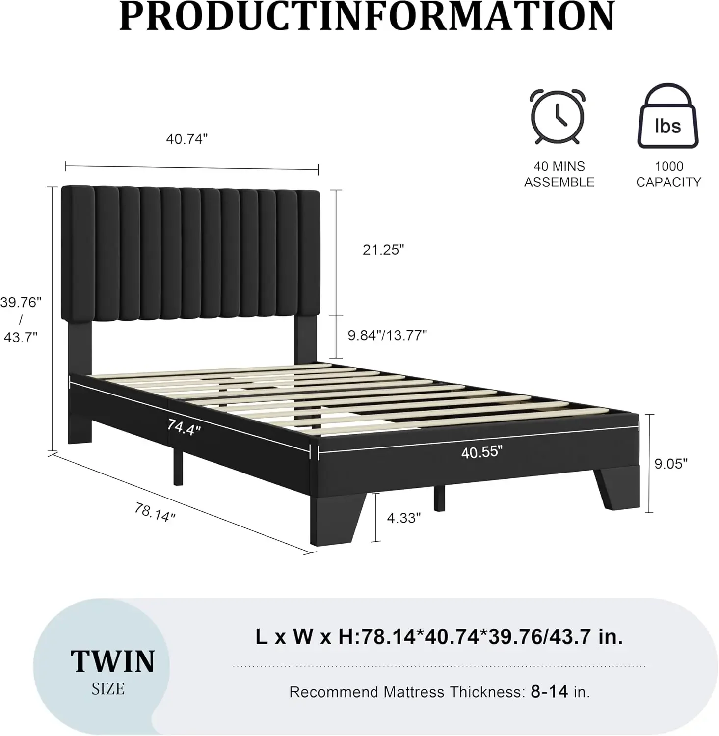 Twin Size Bed Frame, Velvet Upholstered Platform Bed with Adjustable Tufted Headboard, Sturdy Frame and Slats, Noiseless, No Box