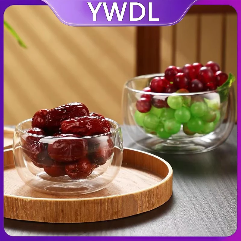 YWDL 300/500ml Clear Double Layer Glass Bowl Heat-resistant Fruit Salad Bowl  Kitchen Glassware For Soup Cereal Dessert Bowls