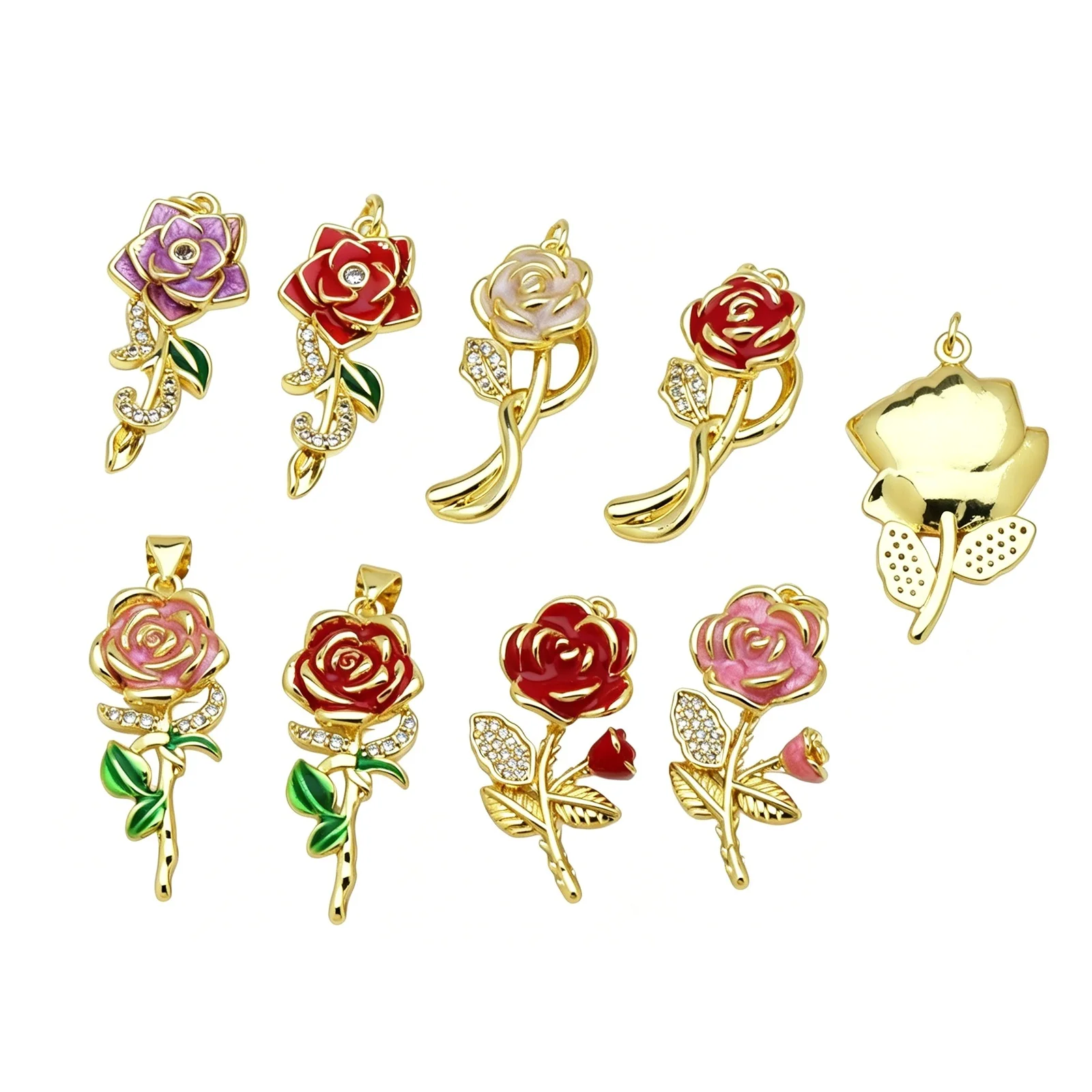 2pcs Valentine's Day Rose Flower Pendants Gold Plated Cubic Zirconia Multicolor Enamel Brass Charms DIY Women Necklace Jewelry