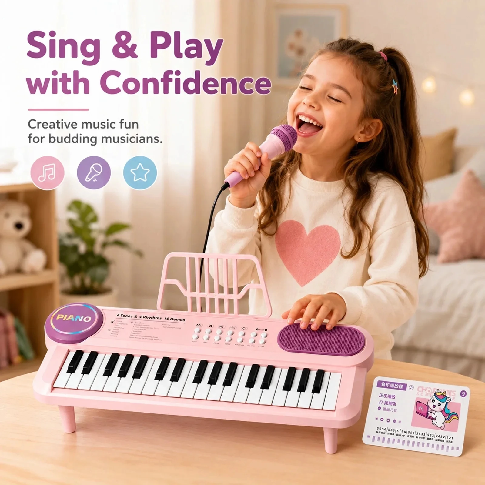 37 Keys Kids Electronic Piano Keyboard Battery Powered Musical Toy with Microphone Smart Teaching Gift for 3-6 Years Old
