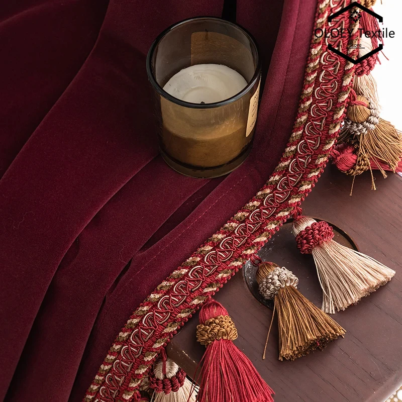 Luxury Burgundy Velvet Blackout Elegant Curtain with Tassels Tulle for Living Room Bedroom Dining Home Window Decor Custom Size