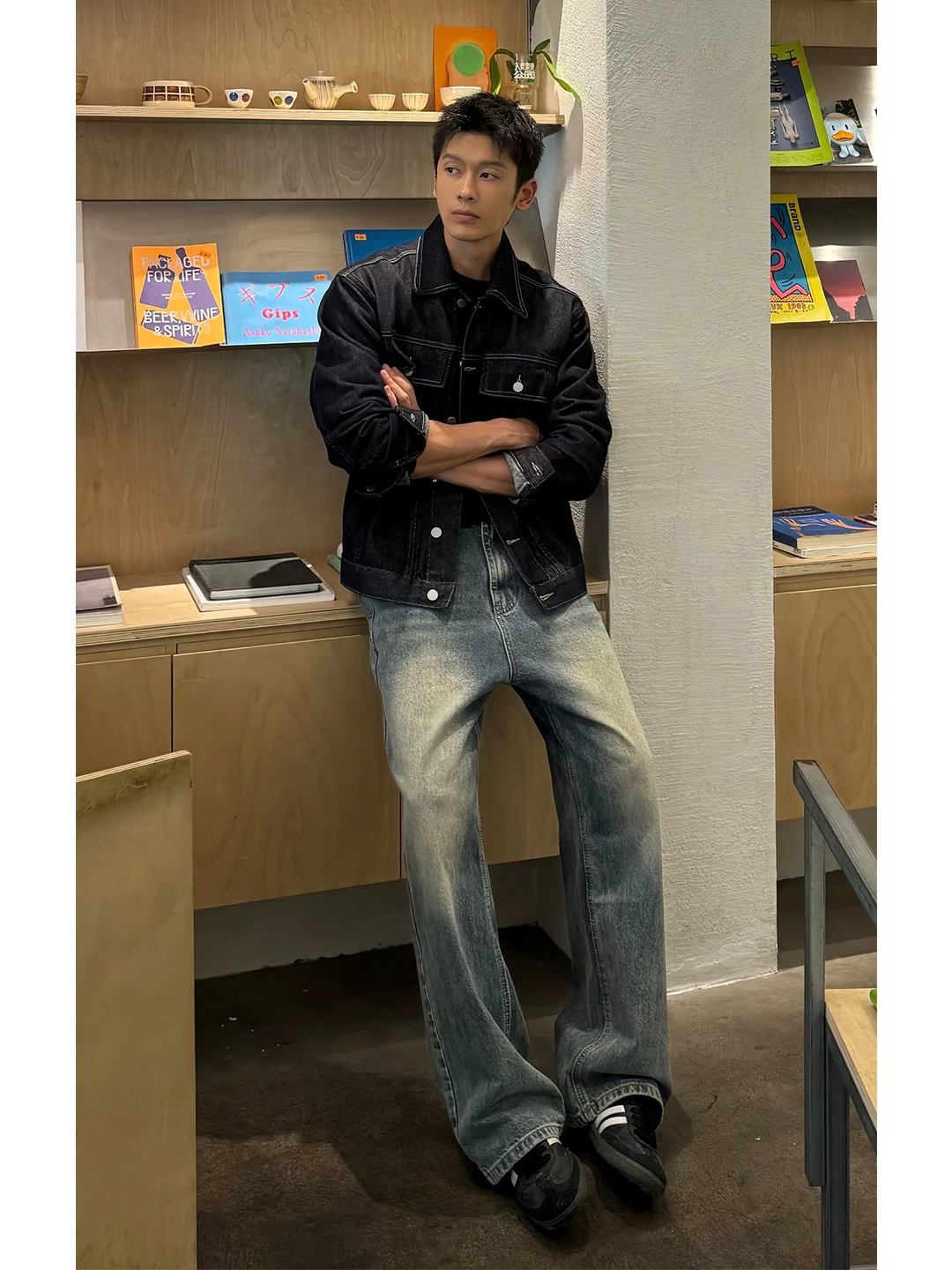 

Waed Faded Men's Flared Jeans Autumn Winter Cleanfit Straight Leg American High Street Fce Lined Torn Knee Denim Pants