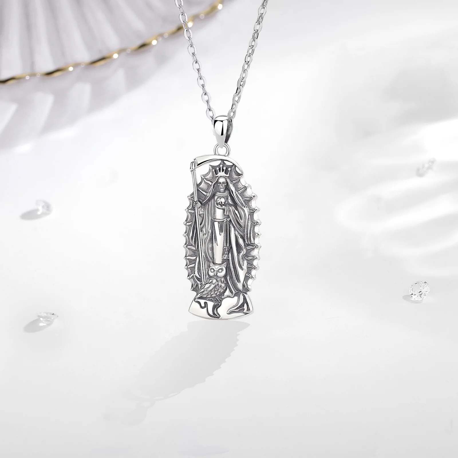 Eudora 925 Sterling Silver Santa Muerte Necklace Holy Death Scythe Mexican Pendant Fine Personality Jewelry for Women Man Gift