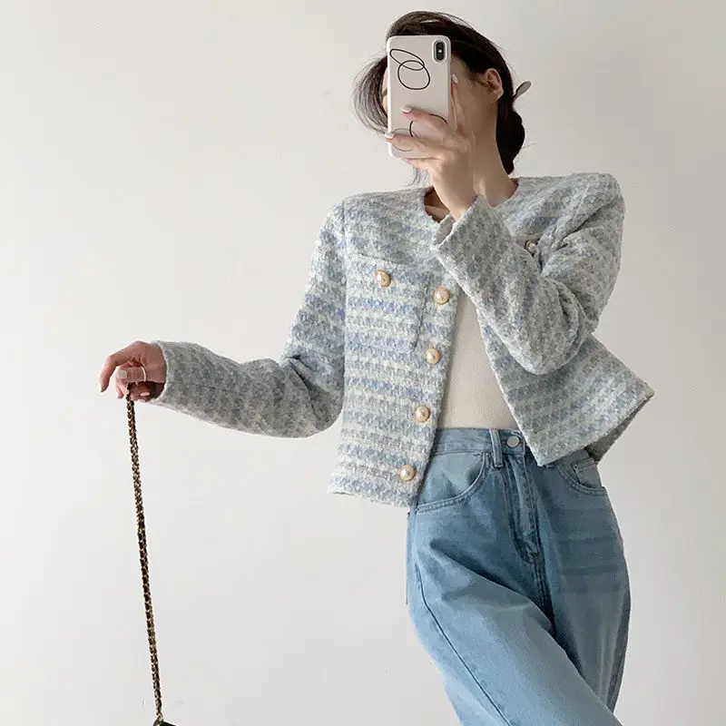 Tweed Jacket Women Pearl Buttons Long Sleeved Cropped Jacket Suit Short Overcoat Office Lady Women Clothing Retro Korean Coat
