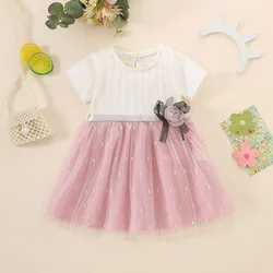 New Baby Girls Dress Short Sleeve Crew Neck Shaggy Flower Bow Netting Sweet Princess Dress Birthday Party Dress