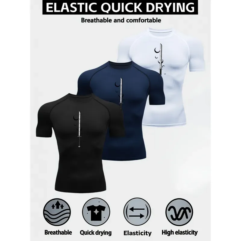 3-Pack Men's High-Elastic Quick-Dry Breathable Compression Fitness Shirt with Samurai Knife Print Crew Neck Design for Gym
