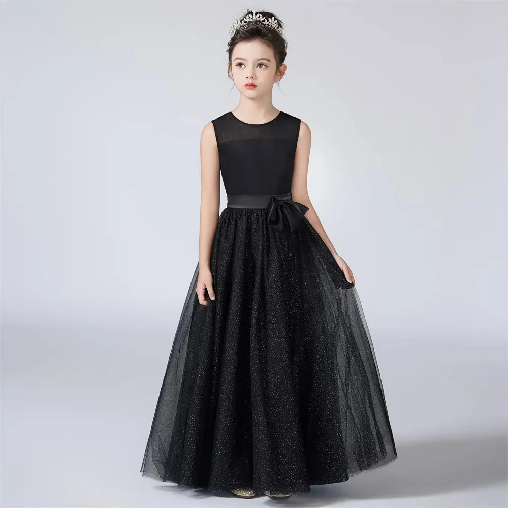 KYDYNQJ 2024 Shiny Tulle Junior Bridesmaid Dresses Sleeveless Flower Girl For Wedding O Neck Kids First Communion For Teens