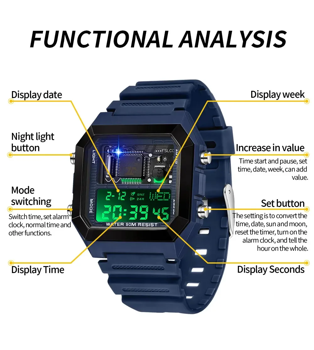 SANDA 6216 Fashionable And Electronic Alarm Clock Student Electronic Watches Square Multifunctional Waterproof Countdown Watch