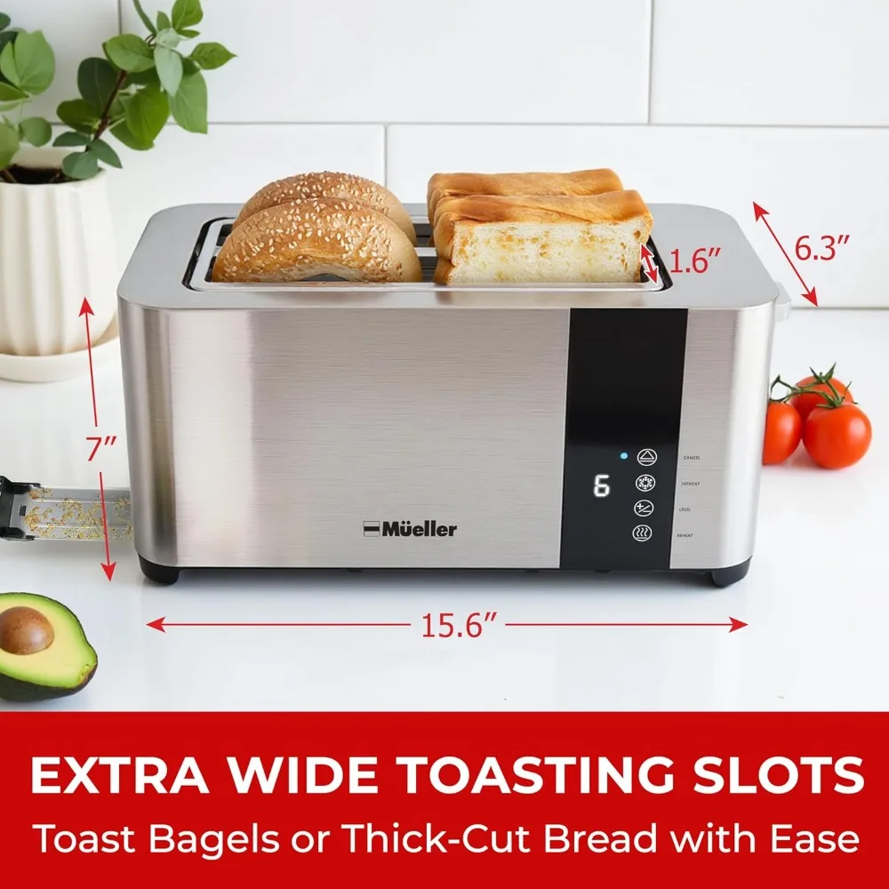 UltraToast Full Stainless Steel Toaster 4 Slice, Long Extra-Wide Slots for Bagels and Waffles, 6 Browning Levels