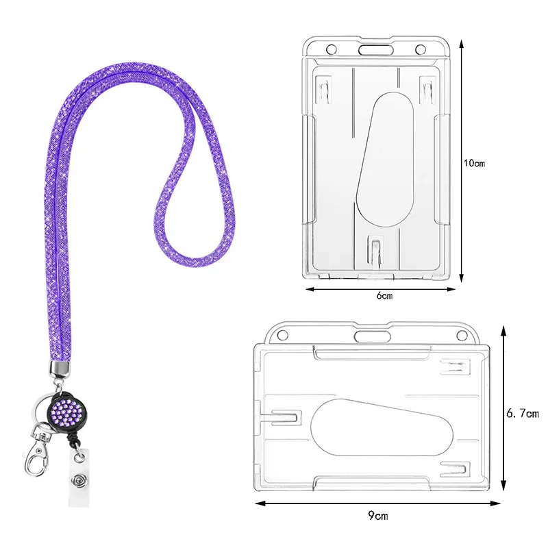 3pcs set Work ID Card Badge Holder with Crystal Lanyard Retractable Badge Reel, Neck Hanging Keychain for Office Staff