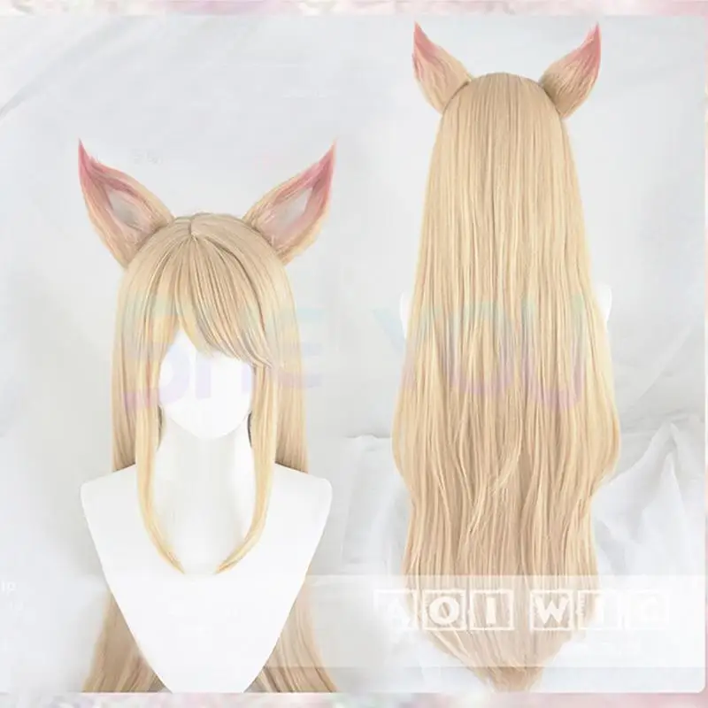 LOL Spiel Ahri Cosplay Perücke mit ohren KDA Ahri Cosplay Perücke Frauen Lange Gerade Blonde Heat Resistant Haar Cosplay Perücken + perücke Kappe