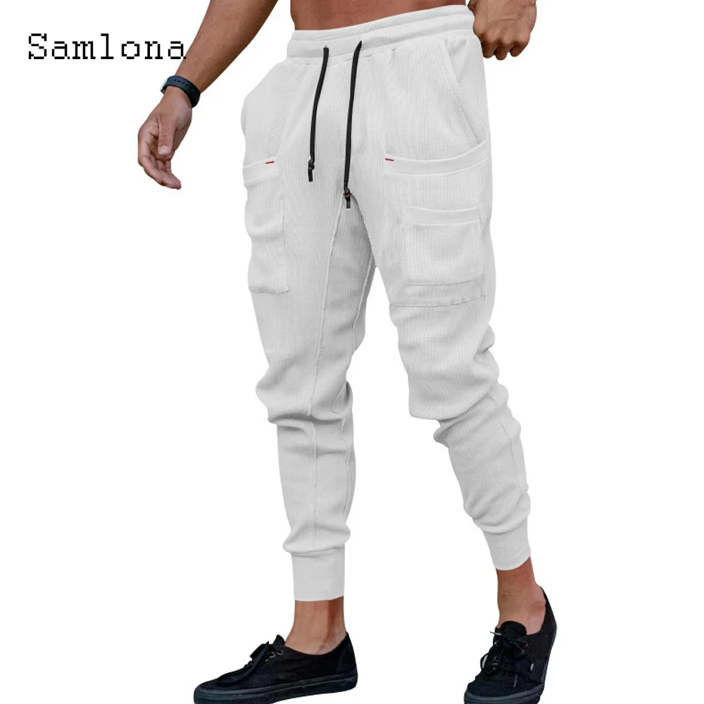 

Samlona Plus Size Men's Casual Stand Pocket Pants Solid White Grey Elastic Waist Pencil Trousers Mens Fashion Hip Hop Sweatpants