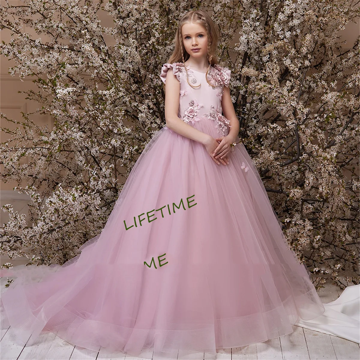 Pink Princess Flower Girl Dress Cap Sleeve Round Neck 3D Flowers Birthday Party Dresses Big Bow Satin Tulle Kids Pageant Gown